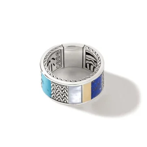 John Hardy Carved Chain Ring, Gold, Silver, Hardstones