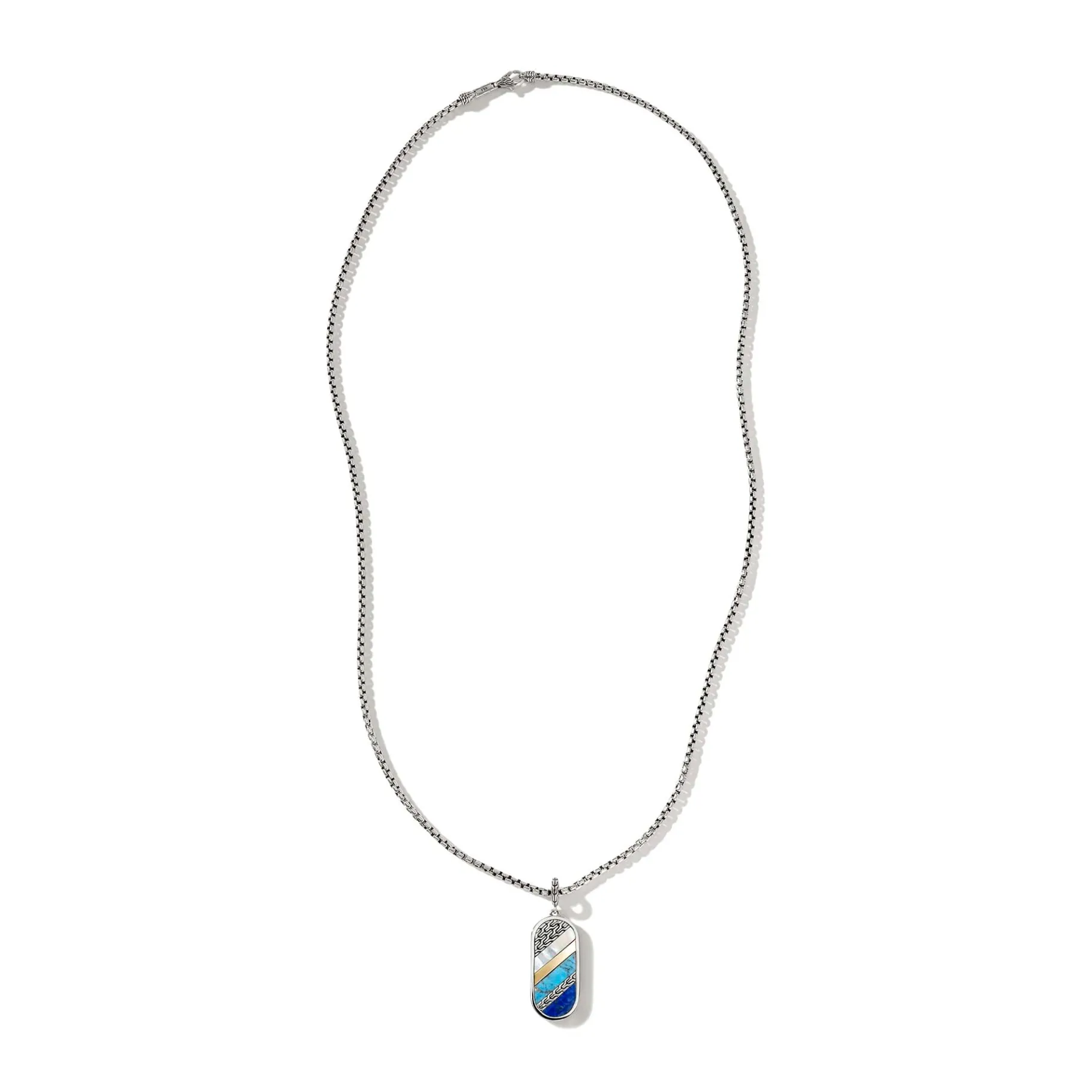 John Hardy Carved Tag Necklace, Silver, Gold, Gemstones