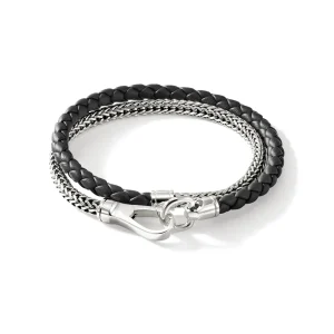 John Hardy Double Wrap, Silver, Leather, 4.5MM